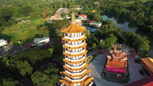 Aerial 4K video of a pagoda in Tuaran, Sabah 