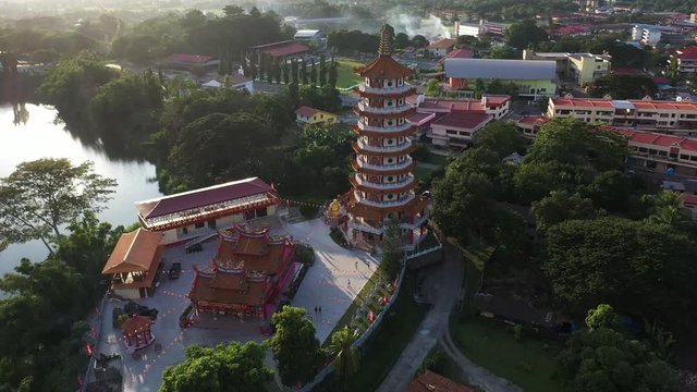 4K Aerial video of a pagoda in Tuaran, Sabah, Malaysia