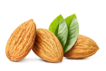 Plakat Big ripe almonds with leaves, isolated on white