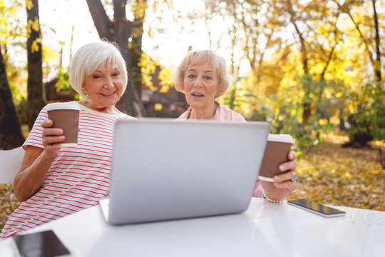Interested old friends looking through their social media