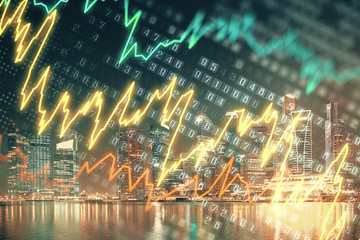 Financial chart on city scape with tall buildings background multi exposure. Analysis concept.