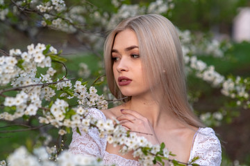 Fototapeta premium beautiful blonde girl in spring cherry garden