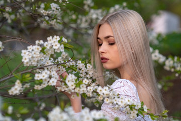 Naklejka premium beautiful blonde girl in spring cherry garden