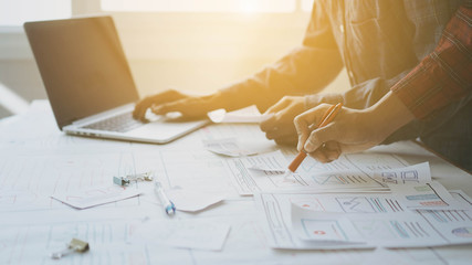 Designers man drawing (UX) (UI) Graphic designer creative sketch planning application process...