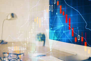 Forex Chart hologram on table with computer background. Multi exposure. Concept of financial markets.