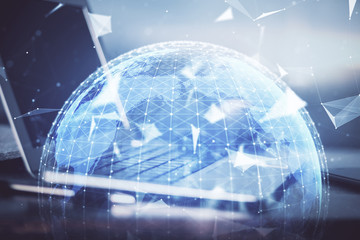 Fototapeta premium Multi exposure of business theme icons and work space with computer background. Concept of success.