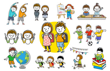 People set: children, siblings, elementary school students, collection