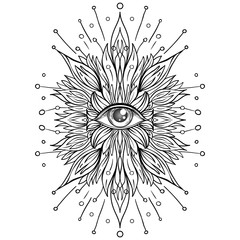 Lotus, Eye, Sacred Geometry. Ayurveda symbol of harmony and balance, and universe. Tattoo flesh design, yoga logo. Boho print, poster, t-shirt textile. Anti stress book. Isolated vector illustration.