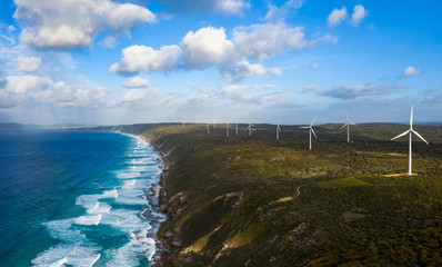 Panoramic aerial view of the Albany wind farm, originally commissioned in 2001, it now cosists of...