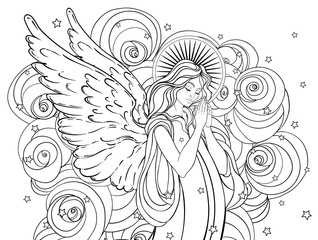 Angel girl with wings, cross, roses and halo. Isolated hand drawn vector illustration. Trendy Vintage style element. Spirituality, occultism, alchemy, magic.