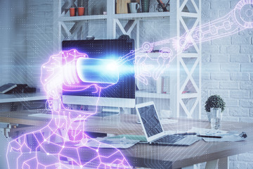 Computer on desktop with AR theme icon. Multi exposure. Concept of augmented reality.