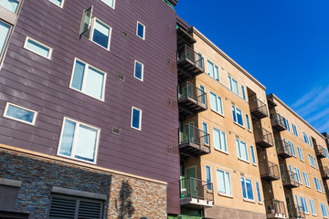 Exterior view of multifamily residential building; Mountain View, San Francisco bay area, California