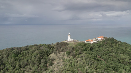 Air view of Byron Bay Lighthouse in moody weather