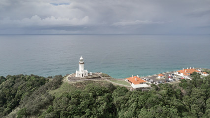 Air view of Byron Bay Lighthouse in moody weather