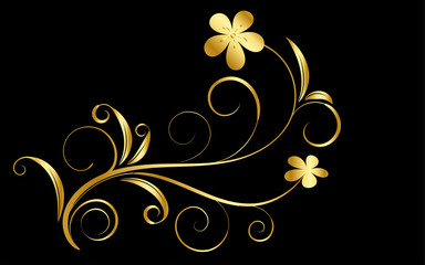 Floral ornament design with gold flower, floral swirl design, illustration with gold flower