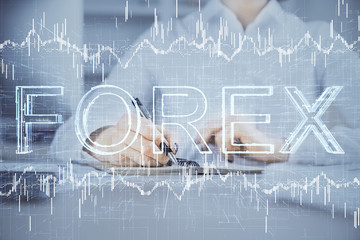 Financial chart drawn over hands taking notes background. Concept of research. Multi exposure