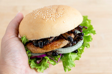 Crickets insect for eating as food items in bread burger made of fried insect meat with vegetable in the woman hands, it is good source of protein which edible. Future of food, entomophagy concept.