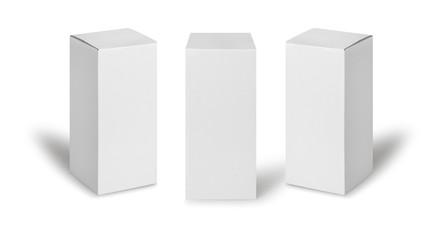 Set of White box tall shape product packaging in side view and front view isolated on white...