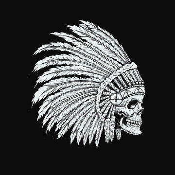 Illustration of native indian skull in traditional headdress. Design element for logo, label, emblem, sign, badge. Vector illustration