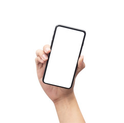 Male hand holding the black smartphone with blank screen isolated on white background with clipping path.
