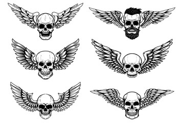 Set of illustrations of winged skull isolated on white background. Design element for poster, card, banner, sign. Vector illustration