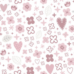 cute pink plants, love flowers, seamless pattern, fabric design, vector illustration