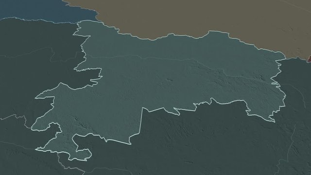 Haut-Uele, province with its capital, zoomed and extruded on the administrative map of Congo Kinshasa in the conformal Stereographic projection. Animation 3D
