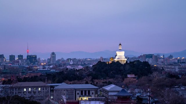 White tower sunset, Beihai Park, Beijing, China. Beijing Beihai white tower sunset time-lapse photography video