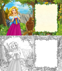 Obraz na płótnie Canvas cartoon nature scene with bird eagle and princess with sketch page