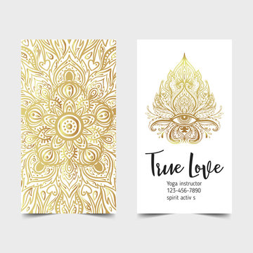 Yoga business card design in gold an black. Template for spiritual retreat or yoga studio. Ornamental business cards, oriental pattern. Vector illustration..