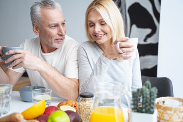 Morning coffee for two happy people stock photo
