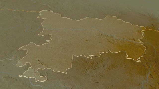 Haut-Uele, province with its capital, zoomed and extruded on the relief map of Congo Kinshasa in the conformal Stereographic projection. Animation 3D