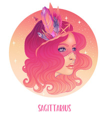 Illustration of Sagittarius astrological sign as a beautiful girl. Zodiac vector illustration isolated on white. Future telling, horoscope, alchemy, spirituality, occultism, fashion woman.