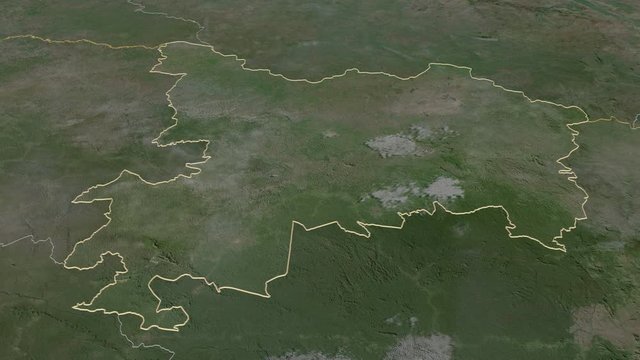 Haut-Uele, province with its capital, zoomed and extruded on the satellite map of Congo Kinshasa in the conformal Stereographic projection. Animation 3D