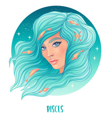 Illustration of Pisces astrological sign as a beautiful girl. Zodiac vector illustration isolated on white. Future telling, horoscope, alchemy, spirituality, occultism, fashion woman.