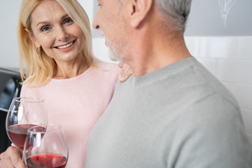 Feeling good with husband and delicious wine stock photo
