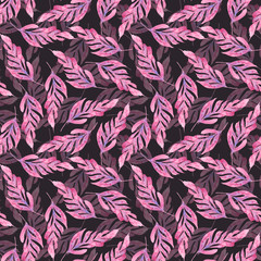 Watercolor seamless pattern with leaves and twigs, hand-drawn. pink, purple plants on gray background. Design for fabric, wallpaper, napkins, textiles, packaging, backgrounds. Delicate and stylish.