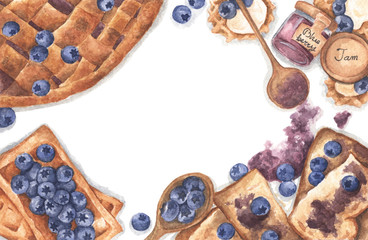 Blueberry pie, toast bread with jam, blueberry jam in jar, waffles and fresh blueberries on white background, Top view with copy space for your text. Flat lay. Watercolor illustration.