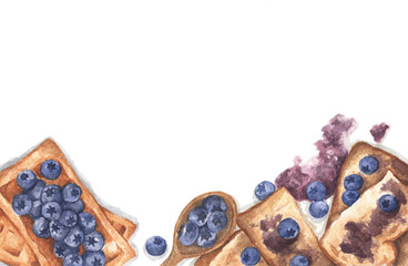Toast bread with jam, waffles and fresh blueberries on white background, Top view with copy space for your text. Flat lay. Watercolor illustration.