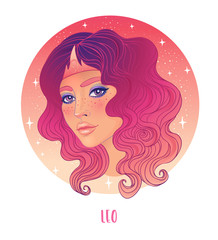 Illustration of Leo astrological sign as a beautiful girl. Zodiac vector illustration isolated on white. Future telling, horoscope, alchemy, spirituality, occultism, fashion woman.