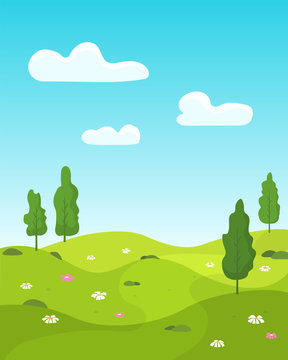 Beautiful spring landscape background in flat style.