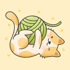 Cute cat playing with yarn cartoon hand drawn style