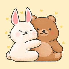 Cute rabbit and bear couple cartoon hand drawn style