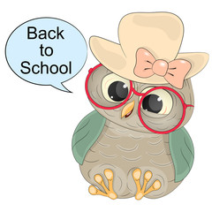 smart owl with text back to school. cartoon vector illustration on a white background.