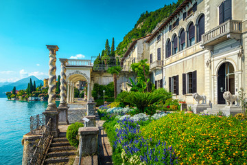 Admirable ornamental garden and villa Monastero with lake Como, Varenna - obrazy, fototapety, plakaty