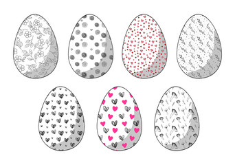 Easter eggs with patterns of flowers and hearts set. Hand-drawn ornate elements for the festive decoration of banners and greeting cards. Stock vector illustration isolated on white background.