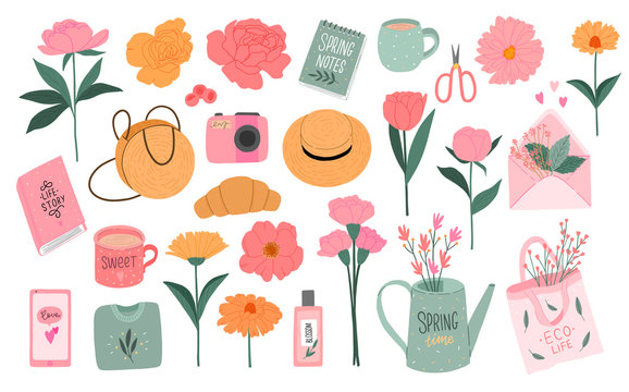 Set of spring elements flowers, girly things, for stickers, print  card. Modern hand drawn cute feminine illustrations.