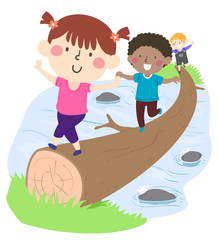 Kids Across Stream Tree Trunk Illustration