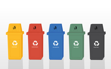green, yellow, red, blue and black recycle bins with recycle symbol isolated on white background vector illustration