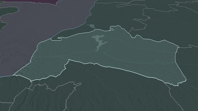 Ma&iuml;-Ndombe, province with its capital, zoomed and extruded on the administrative map of Congo Kinshasa in the conformal Stereographic projection. Animation 3D